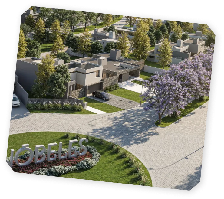 Render aéreo del ingreso al barrio Nobeles, con su cartel y jacarandás florecidos