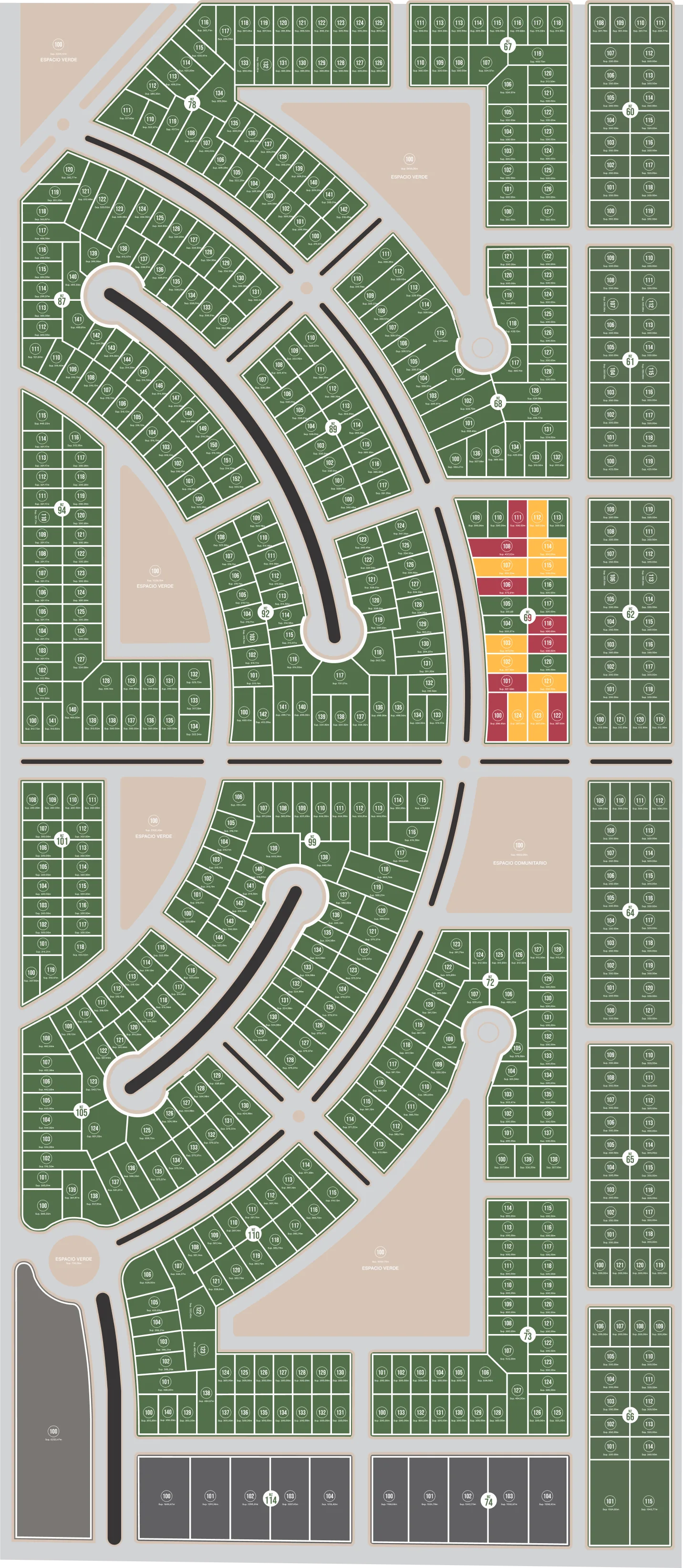 Masterplan del barrio Nobeles con la disponibilidad de cada lote: verde disponible, naranja reservado, rojo vendido